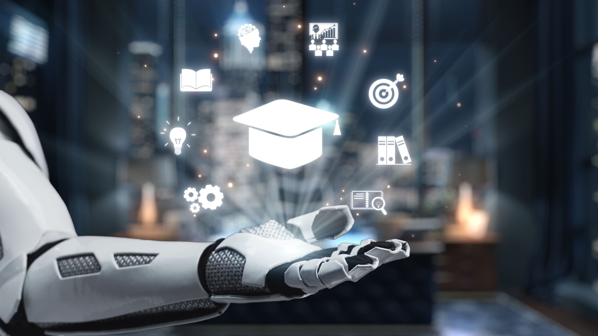 Futuristic robotic hand presenting education and technology icons in a modern office setting with city skyline background inspiring innovation and learning concepts. Auvana