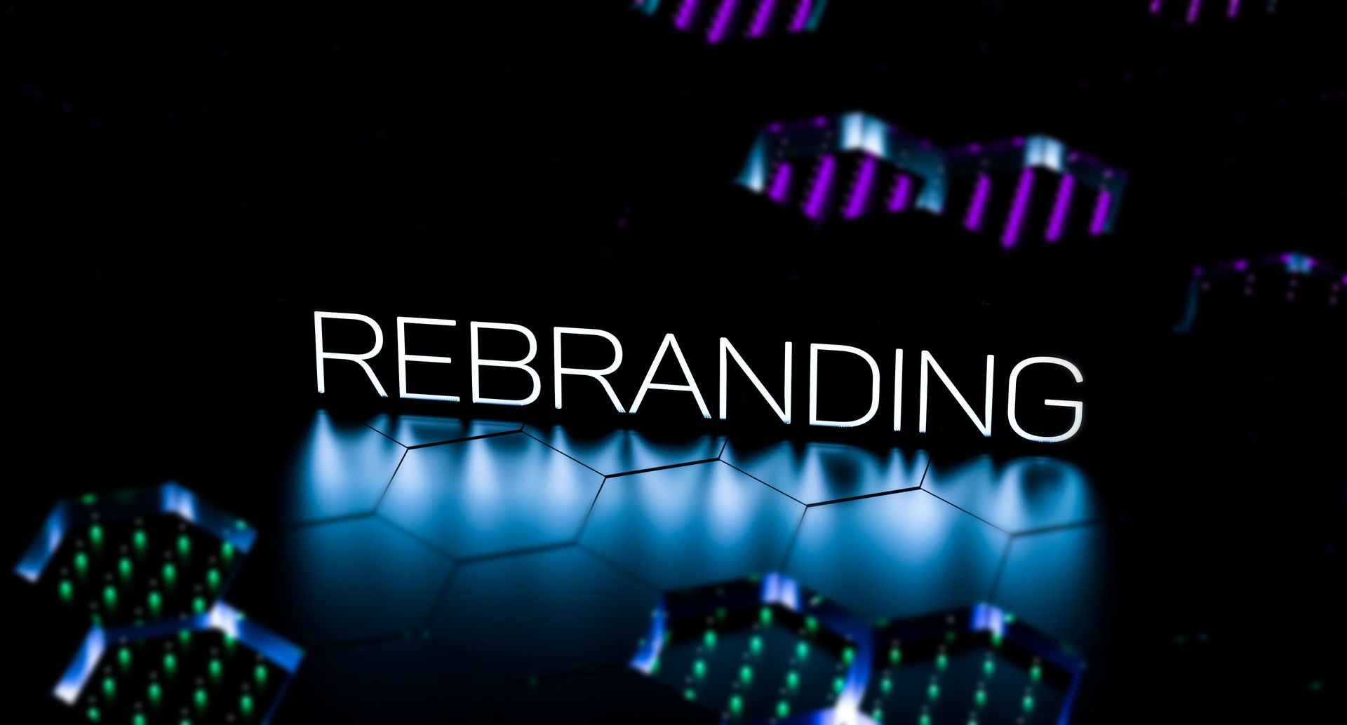 REBRANDING text, one neon word on blurred background. Business concept, rebrading banner.3D render