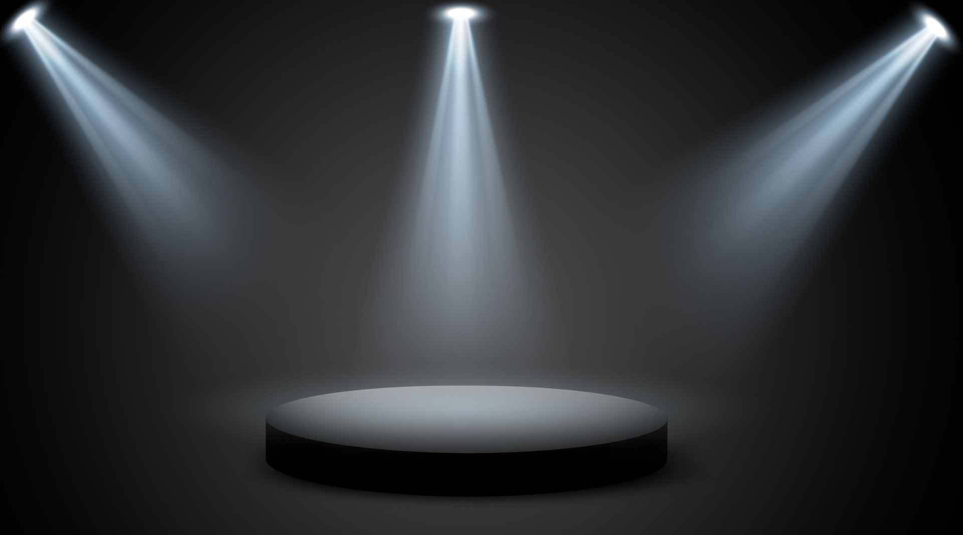 Room studio podium showcases products on 3D floors with focus spotlights.
