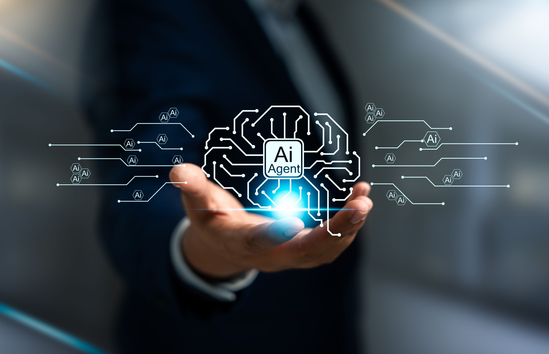Multi agent AI systems, Businessman holding AI agents, AI driven solutions streamline workflows, Decision, Automate daily Tasks Smart AI solutions improve efficiency, Automate repetitive work.